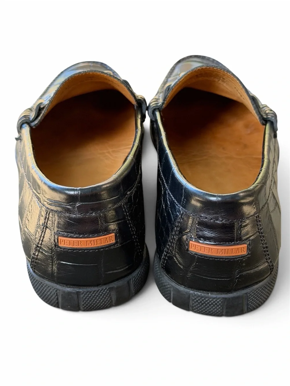 Peter Millar Crown Black Croc-Embossed HorseBit Loafers in Black Leather